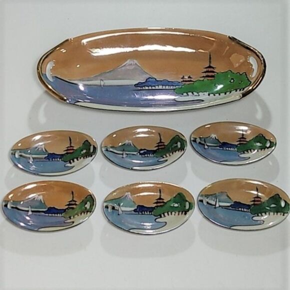 Vintage Handpainted Lusterware Celery Tray & Salts Made in Japan - Picture 1 of 12
